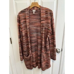 Chicos Size 1 Womens Long Open Cardigan Cotton Acrylic Orange Multi Preowned​